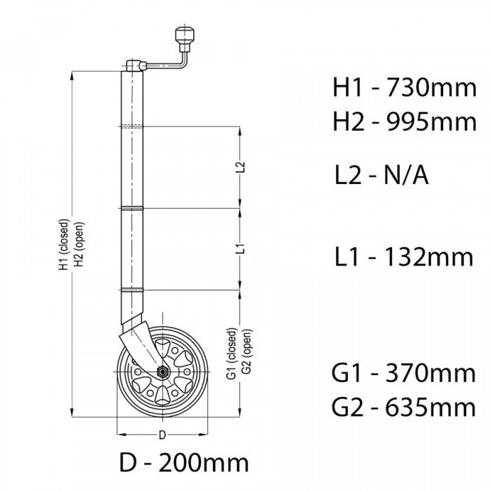 ALKO Premium 200mm Jockey Wheel - Extra Height with No Clamp -