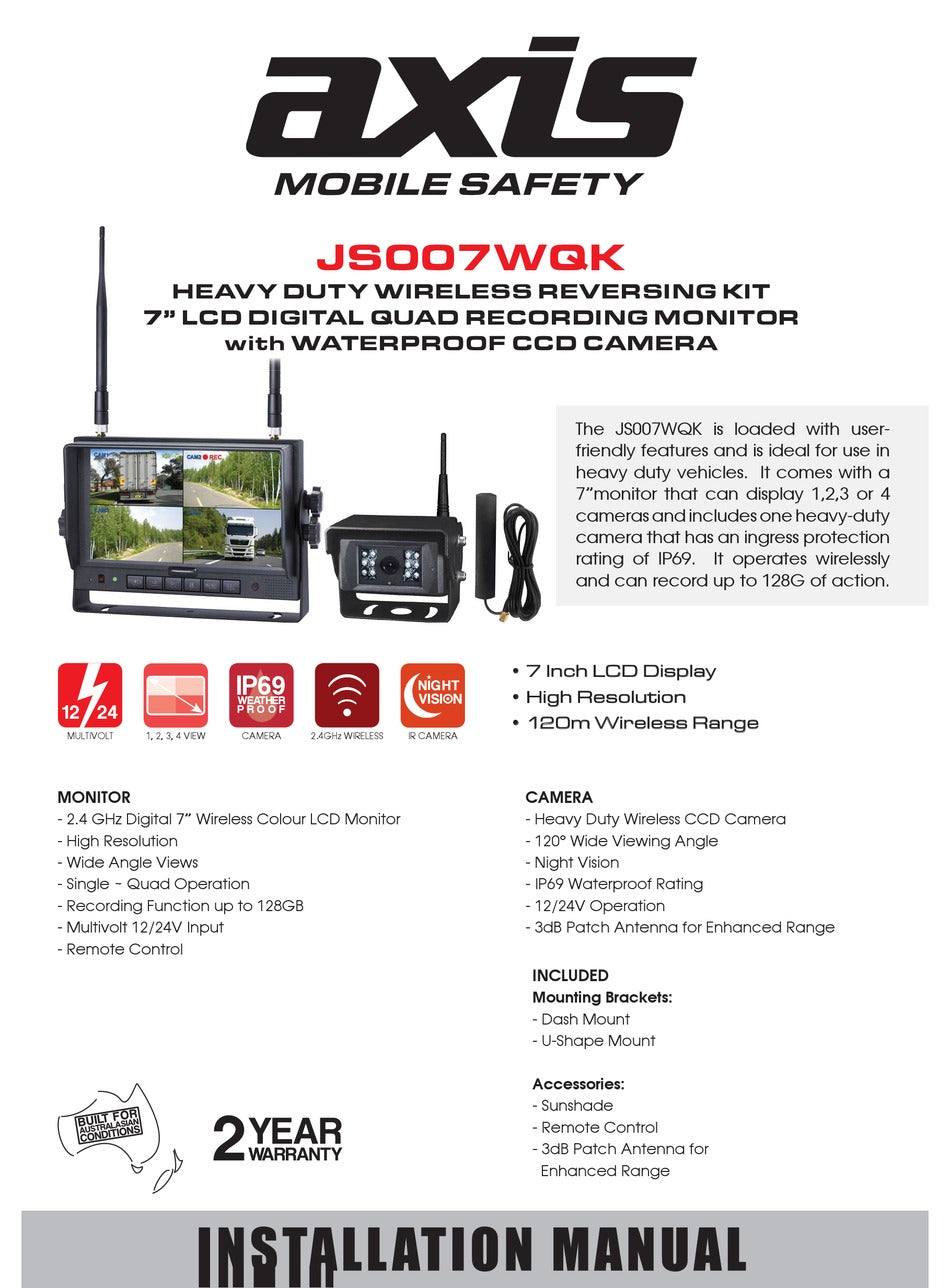 Axis 7” Wireless Quad View Reversing Camera Kit (Up to 4 Cameras)