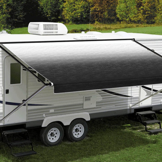 (SUPPLY and FIT) 11ft Carefree Awning w LEDs - Triple Black Shale Fade with Black Springs (Fabric On Roll / No Arms)